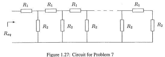 Req
R₁
R₁
R₂
R₁
2
R₂
R₂
Figure 1.27: Circuit for Problem 7
R₂
R₁
R₂