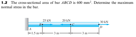 1.2 The cross-sectional area of bar ABCD is 600 mm². Determine the maximum
normal stress in the bar.
25 kN
20 kN
30 kN
A
+1.5 m--
3 m
3 m
