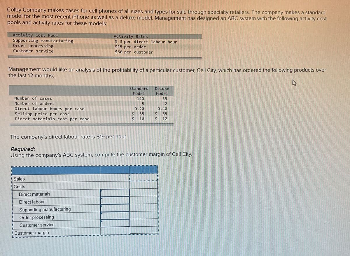 Colby Company makes cases for cell phones of all sizes and types for sale through specialty retailers. The company makes a standard
model for the most recent iPhone as well as a deluxe model. Management has designed an ABC system with the following activity cost
pools and activity rates for these models:
Activity Cost Pool
Supporting manufacturing
Order processing
Customer service
Management would like an analysis of the profitability of a particular customer, Cell City, which has ordered the following products over
the last 12 months:
Number of cases
Number of orders
Direct labour-hours per case
Selling price per case
Direct materials cost per case
The company's direct labour rate is $19 per hour.
Sales
Costs:
Activity Rates
$3 per direct labour-hour
$15 per order
$50 per customer
Direct materials
Direct labour
Supporting manufacturing
Order processing
Customer service
Customer margin
Standard Deluxe
Model
Model
120
35
23
ta ta
OSOF
0.20
$
$
5
35
10
64 $9
$
Required:
Using the company's ABC system, compute the customer margin of Cell City.
52052
0.40
12