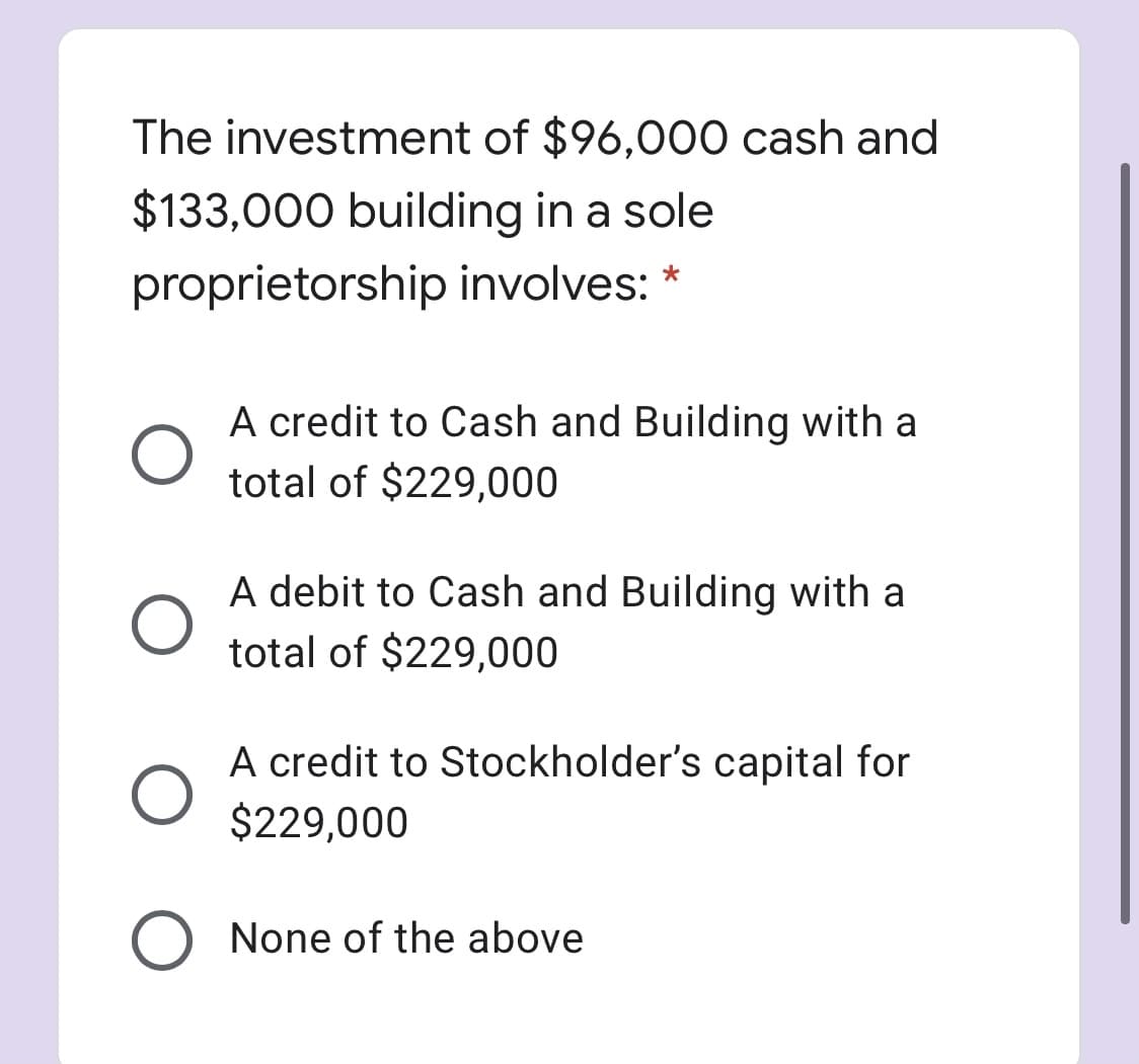 The investment of $96,000 cash and
$133,000 building in a sole
proprietorship involves:
A credit to Cash and Building with a
total of $229,000
A debit to Cash and Building with a
total of $229,000
A credit to Stockholder's capital for
$229,000
None of the above
