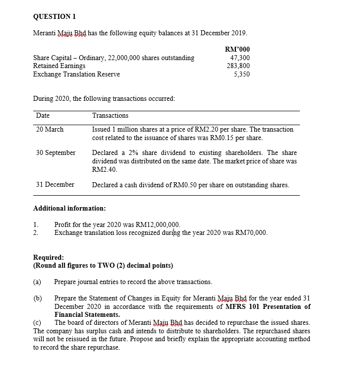 QUESTION 1
Meranti Majų Bhd has the following equity balances at 31 December 2019.
RM'000
Share Capital – Ordinary, 22,000,000 shares outstanding
Retained Earnings
Exchange Translation Reserve
47,300
283,800
5,350
During 2020, the following transactions occurred:
Date
Transactions
Issued 1 million shares at a price of RM2.20 per share. The transaction
cost related to the issuance of shares was RM0.15 per share.
20 March
30 September
Declared a 2% share dividend to existing shareholders. The share
dividend was distributed on the same date. The market price of share was
RM2.40.
31 December
Declared a cash dividend of RM0.50 per share on outstanding shares.
Additional information:
1.
Profit for the year 2020 was RM12,000,000.
Exchange translation loss recognized durihg the year 2020 was RM70,000.
2.
Required:
(Round all figures to TWO (2) decimal points)
(a)
Prepare journal entries to record the above transactions.
(b)
Prepare the Statement of Changes in Equity for Meranti Majų Bhd for the year ended 31
December 2020 in accordance with the requirements of MFRS 101 Presentation of
Financial Statements.
(c)
The board of directors of Meranti Majų Bhd has decided to repurchase the issued shares.
The company has surplus cash and intends to distribute to shareholders. The repurchased shares
will not be reissued in the future. Propose and briefly explain the appropriate accounting method
to record the share repurchase.
