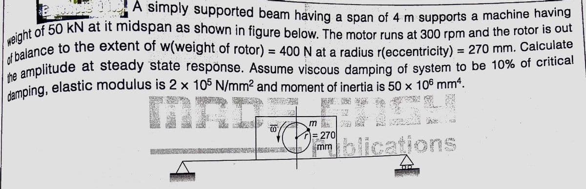 of balance to the extent of w(weight of rotor) = 400 N at a radius r(eccentricity) = 270 mm. Calculate
the amplitude at steady state respônse. Assume viscous damping of system to be 10% of critical
/weight of 50 kN at it midspan as shown in figure below. The motor runs at 300 rpm and the rotor is out
A simpiy supported beam having a span of 4 m supports a machine having
A
MAD:
m
= 270
mm
lications
