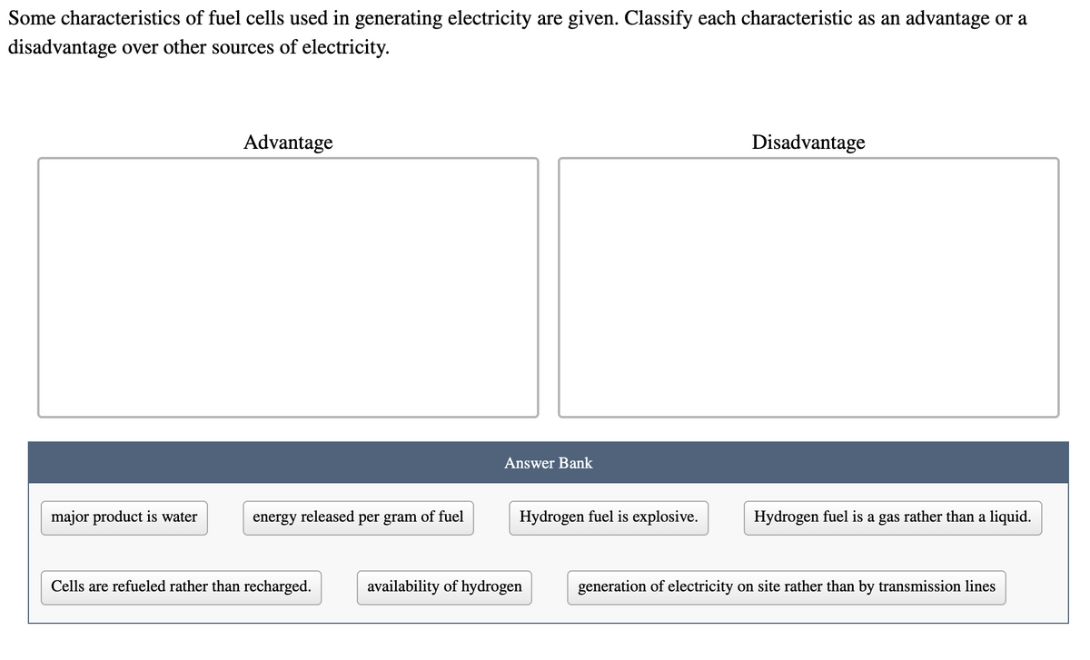 Some characteristics of fuel cells used in generating electricity are given. Classify each characteristic as an advantage or a
disadvantage over other sources of electricity.
Advantage
Disadvantage
Answer Bank
major product is water
energy released per gram of fuel
Hydrogen fuel is explosive.
Hydrogen fuel is a gas rather than a liquid.
Cells are refueled rather than recharged.
availability of hydrogen
generation of electricity on site rather than by transmission lines
