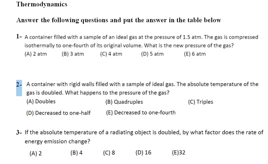 Thermodynamics
Answer the following questions and put the answer in the table below
1- A container filled with a sample of an ideal gas at the pressure of 1.5 atm. The gas is compressed
isothermally to one-fourth of its original volume. What is the new pressure of the gas?
(A) 2 atm
(B) 3 atm
(C) 4 atm
(D) 5 atm
(E) 6 atm
2- A container with rigid walls filled with a sample of ideal gas. The absolute temperature of the
gas is doubled. What happens to the pressure of the gas?
(A) Doubles
(B) Quadruples
(C) Triples
(D) Decreased to one-half
(E) Decreased to one-fourth
3- If the absolute temperature of a radiating object is doubled, by what factor does the rate of
energy emission change?
(A) 2
(B) 4
(C) 8
(D) 16
(E)32
