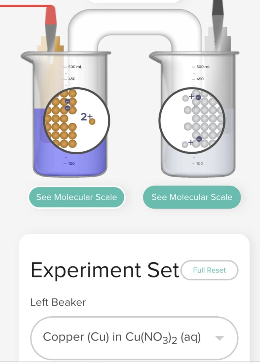 - 500 mL
450
- 100
25
See Molecular Scale
- 500 mL
Left Beaker
<-450
- 100
See Molecular Scale
Experiment Set Full Reset
Copper (Cu) in Cu(NO3)2 (aq)