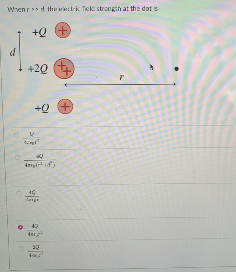 When r >> d, the electric field strength at the dot is
+Q +
d
+2Q
+ Õ+
4TEor2
4Q
4meo (72+d²)
4Q
4Q
4TEO72
2Q
x)
