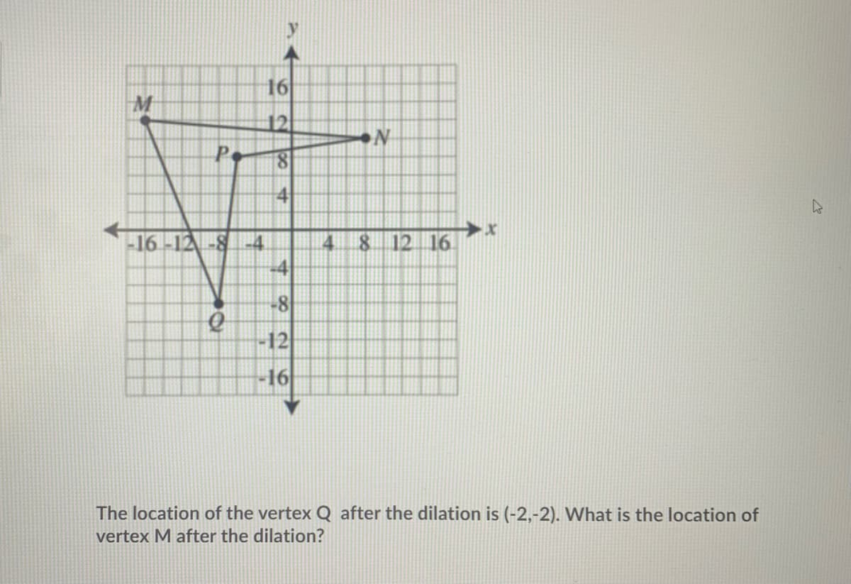 16
M
4
-16-12-84
-4
8 12 16
-8
-12
-16
The location of the vertex Q after the dilation is (-2,-2). What is the location of
vertex M after the dilation?
