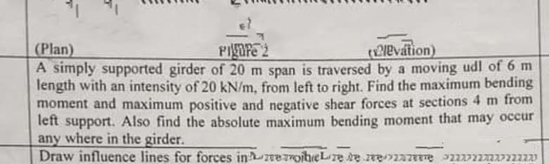 (Plan)
A simply supported girder of 20 m span is traversed by a moving udl of 6 m
Tength with an intensity of 20 kN/m, from left to right. Find the maximum bending
moment and maximum positive and negative shear forces at sections 4 m from
left support. Also find the absolute maximum bending moment that may occur
any where in the girder.
Draw influence lines for forces inzreznoiteLze re.reanZEre aZZA72
tevátion)
