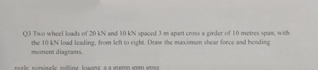 Q3 Two wheel loads of 20 kN and 10 kN spaced 3 m apart cross a girder of 10 metres span, with
the 10 kN load leading, from left to right. Draw the maximum shear force and bending
moment diagrams.
rugle ruimsingle rolling loaong a a anamon anima annag