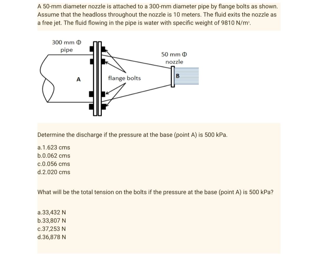 A 50-mm diameter nozzle is attached to a 300-mm diameter pipe by flange bolts as shown.
Assume that the headloss throughout the nozzle is 10 meters. The fluid exits the nozzle as
a free jet. The fluid flowing in the pipe is water with specific weight of 9810 N/m³.
300 mm
pipe
50 mm
nozzle
B
A
flange bolts
Determine the discharge if the pressure at the base (point A) is 500 kPa.
a.1.623 cms
b.0.062 cms
c.0.056 cms
d.2.020 cms
What will be the total tension on the bolts if the pressure at the base (point A) is 500 kPa?
a.33,432 N
b.33,807 N
c.37,253 N
d.36,878 N