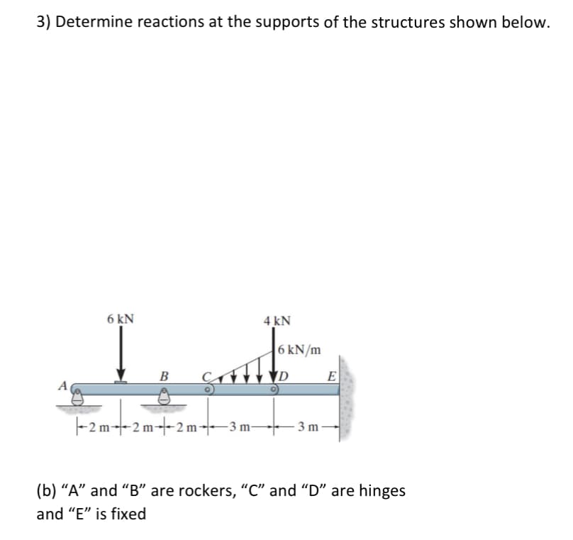 3) Determine reactions at the supports of the structures shown below.
A
6 kN
B
2 m2 m-2m-3 m
4 kN
6 kN/m
E
3 m-
(b) "A" and "B" are rockers, "C" and "D" are hinges
and "E" is fixed