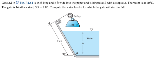 Gate AB in Fig. P2.62 is 15 ft long and 8 ft wide into the paper and is hinged at B with a stop at A. The water is at 20°C.
The gate is 1-in-thick steel, SG = 7.85. Compute the water level h for which the gate will start to fall.
15 ft
Pulley
10,000 lb
60°
B
h
Water