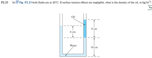 P2.23
In Fig. P2.23 both fluids are at 20°C. If surface tension effects are negligible, what is the density of the oil, in kg/m³?
8 cm
6 cm
Water
10 cm
Pag