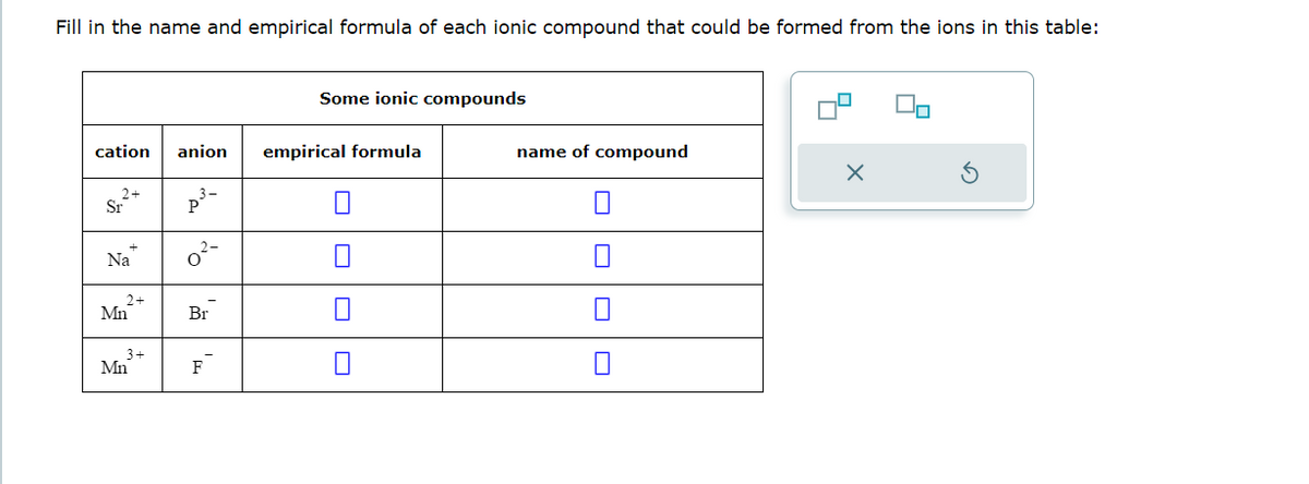 Fill in the name and empirical formula of each ionic compound that could be formed from the ions in this table:
cation anion
2+
Sr
Na
2+
Mn
3+
Mn
p³-
Br
F
Some ionic compounds
empirical formula
name of compound
X