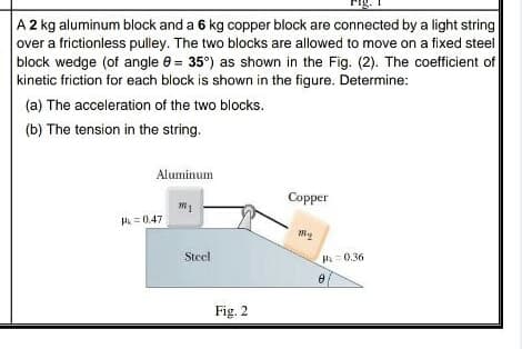 A 2 kg aluminum block and a 6 kg copper block are connected by a light string
over a frictionless pulley. The two blocks are allowed to move on a fixed steel
block wedge (of angle 8 = 35°) as shown in the Fig. (2). The coefficient of
kinetic friction for each block is shown in the figure. Determine:
(a) The acceleration of the two blocks.
(b) The tension in the string.
Aluminum
Copper
H = 0.47
Steel
P0.36
Fig. 2
