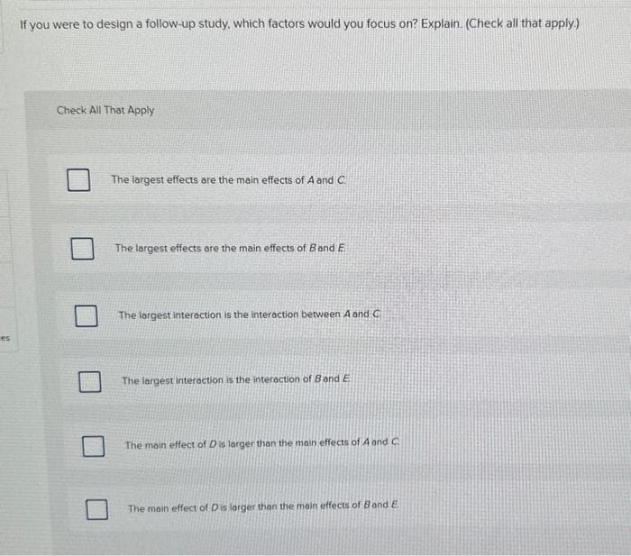 ces
If you were to design a follow-up study, which factors would you focus on? Explain. (Check all that apply.)
Check All That Apply
The largest effects are the main effects of A and C
The largest effects are the main effects of Band E
The largest interaction is the interaction between A and C
The largest interaction is the interaction of Band E
The main effect of D is larger than the main effects of A and C
The main effect of D is larger than the main effects of Band E