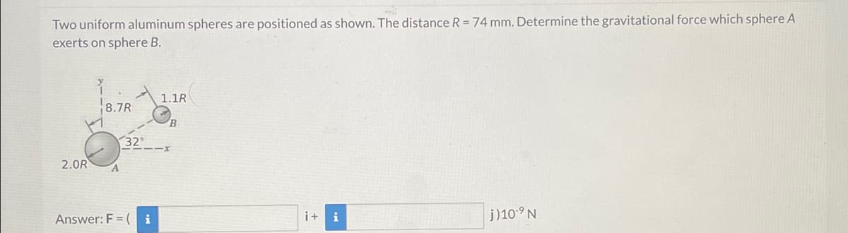 Two uniform aluminum spheres are positioned as shown. The distance R = 74 mm. Determine the gravitational force which sphere A
exerts on sphere B.
2.0R
8.7R
A
32
Answer: F = (i
1.1R
B
i+i
j)10-⁹ N