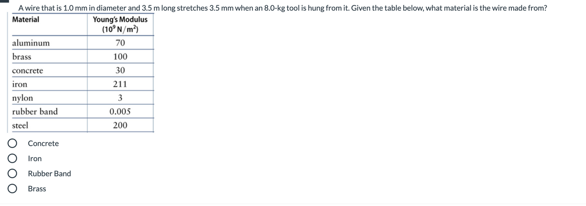 **Material Properties and Elongation Calculation**

**Problem Statement:**
A wire that is 1.0 mm in diameter and 3.5 m long stretches 3.5 mm when an 8.0-kg tool is hung from it. Using the table below, determine the material of the wire.

**Table: Young's Modulus for Different Materials**

| Material    | Young’s Modulus (10^9 N/m^2) |
|-------------|-------------------------------|
| Aluminum    | 70                            |
| Brass       | 100                           |
| Concrete    | 30                            |
| Iron        | 211                           |
| Nylon       | 3                             |
| Rubber Band | 0.005                         |
| Steel       | 200                           |

### Question:
Given the above information, what material is the wire made from?

### Options:
1. Concrete
2. Iron
3. Rubber Band
4. Brass

### Explanation:
To determine the material of the wire, we need to use the given data and the concept of Young's modulus (E), which is a measure of the stiffness of a given material.

**Young's Modulus (E) Calculation:**
\[ E = \frac{{stress}}{{strain}} \]
\[ stress = \frac{Force}{Area} \]
\[ strain = \frac{Extension}{Original Length} \]
\[ Force (F) = mass \times gravity \]
\[ Area (A) = \pi \times (radius)^2 \]

**Given:**
- Diameter (d) = 1.0 mm = 0.001 m
- Radius (r) = d / 2 = 0.0005 m
- Length (L) = 3.5 m
- Extension (ΔL) = 3.5 mm = 0.0035 m
- Mass (m) = 8.0 kg
- Gravity (g) = 9.81 m/s^2 (approx)

**Calculations:**
\[ Force (F) = 8.0 \text{ kg} \times 9.81 \text{ m/s}^2 = 78.48 \text{ N} \]

\[ Area (A) = \pi \times (0.0005 \text{ m})^2 = 7.854 \times 10^{-7} \text{ m}^2 \]

\[