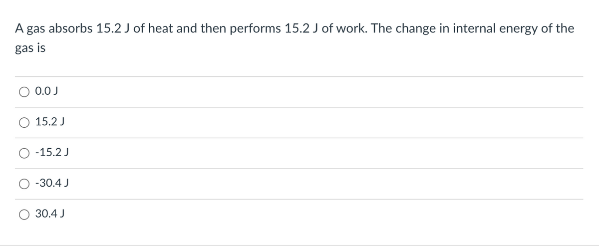 A gas absorbs 15.2 J of heat and then performs 15.2 J of work. The change in internal energy of the
gas is
0.0 J
15.2 J
-15.2 J
-30.4 J
30.4 J
