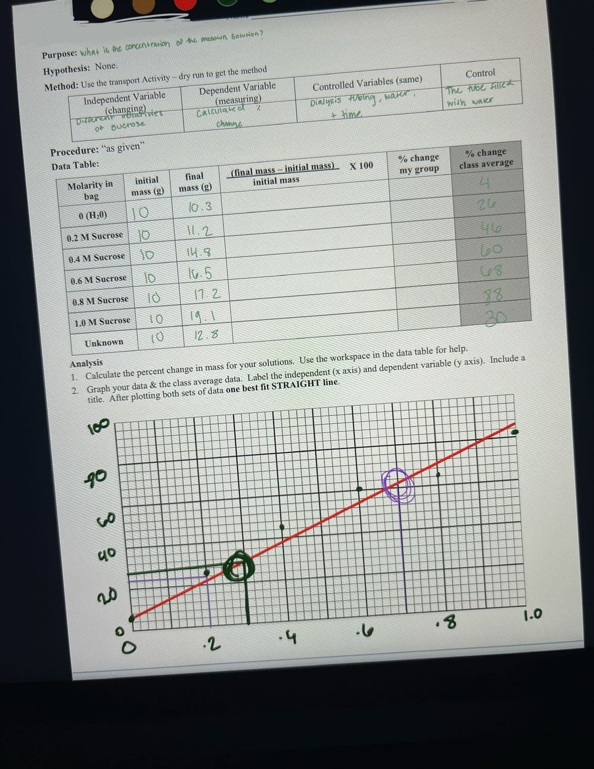 Purpose: what is the concentration of the menown Solution?
Hypothesis: None.
Method: Use the transport Activity - dry run to get the method
Independent Variable
Dependent Variable
(measuring)
(changing)
Different metafities
of sucrose
Procedure: "as given"
Data Table:
Molarity in
bag
0 (H₂0)
0.2 M Sucrose
0.4 M Sucrose
0.6 M Sucrose
0.8 M Sucrose
1.0 M Sucrose
Unknown
90
38
40
initial
mass (g)
20
10
10
10
10
Calculated
channe
final
mass (g)
10.3
11.2
14.8
10.5
17.2
12.8
.2
Controlled Variables (same)
Dialysis tubing,
+ time.
(final mass-initial mass)
initial mass
.4
X 100
water
% change
my group
Analysis
1. Calculate the percent change in mass for your solutions. Use the workspace in the data table for help.
2. Graph your data & the class average data. Label the independent (x axis) and dependent variable (y axis). Include a
title. After plotting both sets of data one best fit STRAIGHT line.
100
Control
The tube filled
with water
D
% change
class average
4
.8
46
68
30
1.0