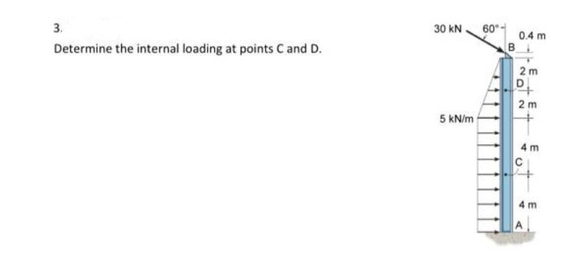 30 kN.
60°
0.4 m
B
3.
Determine the internal loading at points C and D.
2 m
D
2 m
5 kN/m
4 m
C
4 m
