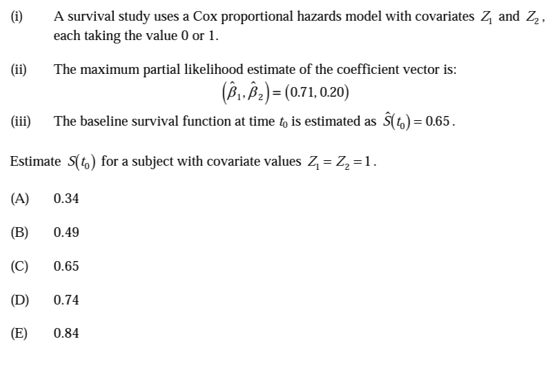 A survival study uses a Cox proportional hazards model with covariates Z, and Z,,
each taking the value 0 or 1.
(i)
(ii)
The maximum partial likelihood estimate of the coefficient vector is:
(B, ,B.) = (0.71, 0.20)
(iii)
The baseline survival function at time to is estimated as S(t) = 0.65.
Estimate S(t,) for a subject with covariate values Z = Z, =1.
(A)
0.34
(B)
0.49
(C)
0.65
(D)
0.74
(E)
0.84
