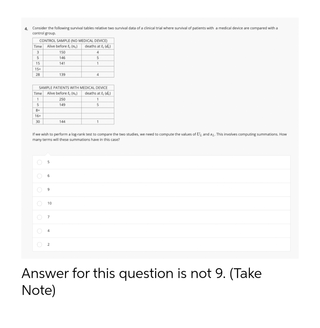 4.
Consider the following survival tables relative two survival data of a clinical trial where survival of patients with a medical device are compared with a
control group.
CONTROL SAMPLE (NO MEDICAL DEVICE)
Time
Alive before t; (n;)
deaths at t, (d,)
3
150
146
5
15
141
1
15+
28
139
4
SAMPLE PATIENTS WITH MEDICAL DEVICE
Time
Alive before t; (n)
deaths at t, (d,)
1
250
149
8+
16+
30
144
1
If we wish to perform a log-rank test to compare the two studies, we need to compute the values of UL, and s. This involves computing summations. How
many terms will these summations have in this case?
10
7
Answer for this question is not 9. (Take
Note)
