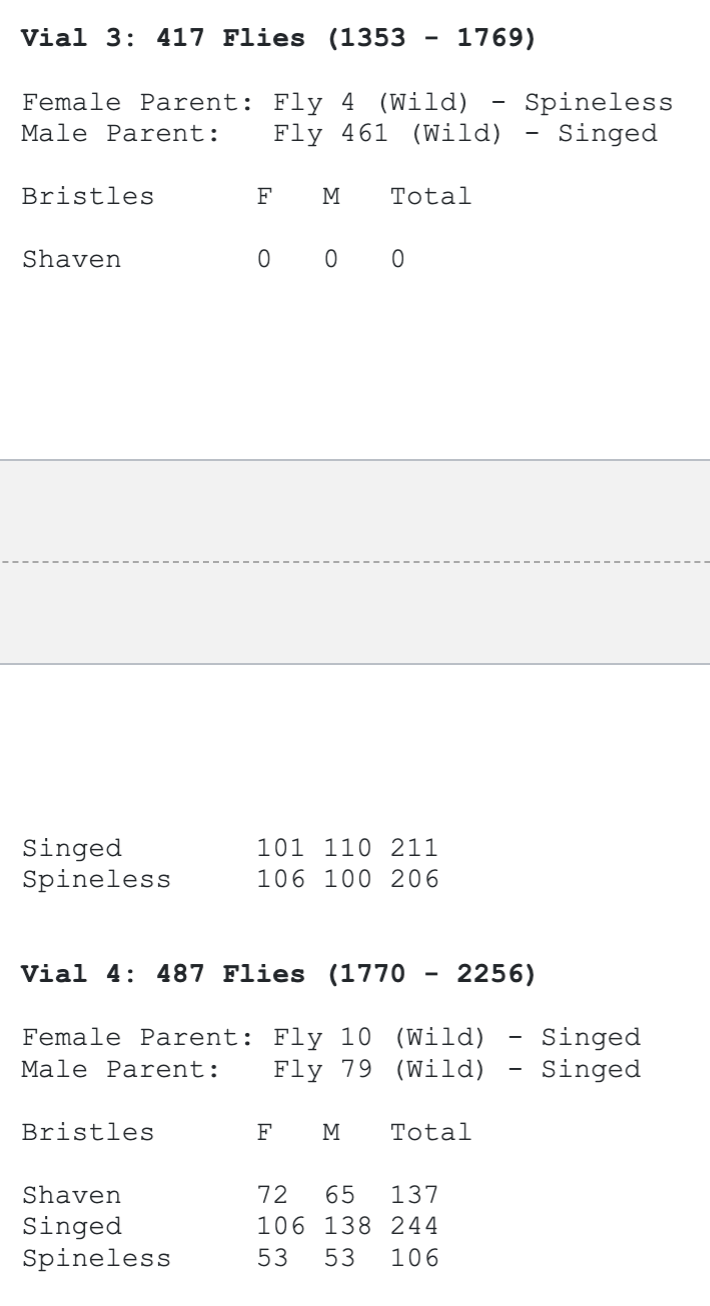 Vial 3: 417 Flies (1353 - 1769)
Female Parent: Fly 4 (Wild) Spineless
Male Parent: Fly 461 (Wild) Singed
Bristles
Shaven
Singed
Spineless
Bristles
F M Total
Shaven
Singed
Spineless
000
Vial 4: 487 Flies (1770 - 2256)
Female Parent: Fly 10 (Wild)
Male Parent: Fly 79 (Wild)
F M Total
101 110 211
106 100 206
72 65 137
106 138 244
53 53 106
Singed
Singed