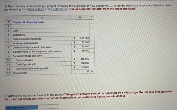 2. The company is considering a project involving the purchase of new equipment. Change the data area of your worksheet to match
the following: Use Exhibit 148-1 and Exhibit 148-2. (Use appropriate factor(s) from the tables provided.)
A
Chapter 14: Applying Excel
3.
Data
4.
Example E
5.
Cost of equipment needed
310,000
6.
Working capital needed
20,000
7.
Overhaul of equipment in four years
2$
30,000
8.
Salvage value of the equipment in five years
35,000
9.
Annual revenues and costs:
415.000
10
Sales revenues
270,000
11
Cost of goods sold
%24
55,000
12
Out-of-pocket operating costs
16 %
13 Discount rate
a. What is the net present value of the project? (Negative amount should be indicated by a minus sign. Round your present value
factor to 3 decimals and round all other intermediate calculations to nearest whole dollar.)
Net present value
