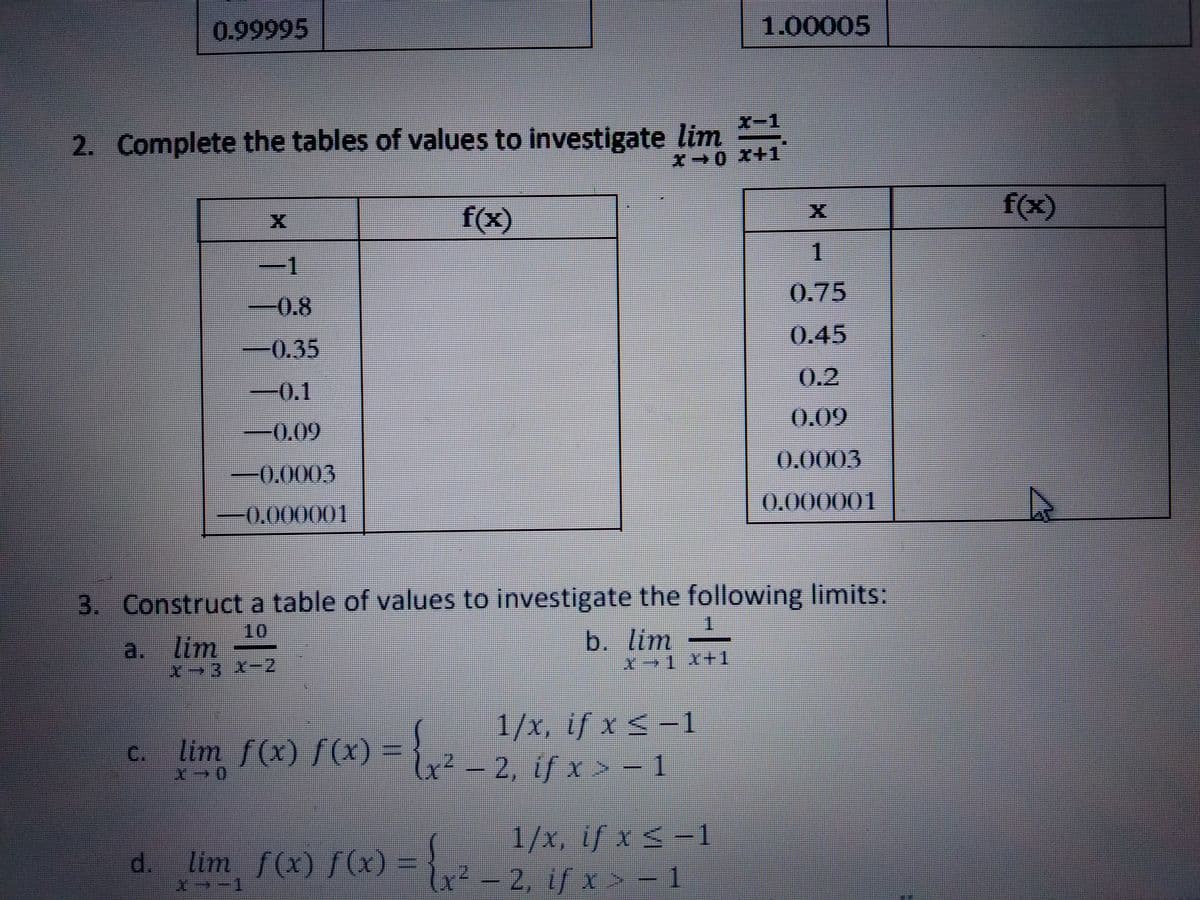 0.99995
1.00005
X-1
2. Complete the tables of values to investigate lim
xー0X+1
f(x)
fx)
1
-1
0.75
-0.8
0.45
-0.35
0.2
--0.1
0.09
0.0003
-0.0003
0.000001
-0.000001
3. Construct a table of values to investigate the following limits:
10
a. lim
よー3X-2
b. lim
X→1X+1
1/x, if x <-1
- 2, if x > -1
C.
lim f(x) f(x) =
1/x, if x < -1
d. lim f(x) (x)
X ー1
-2, if x > - 1
輔
