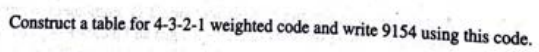 Construct a table for 4-3-2-1 weighted code and write 9154 using this code.