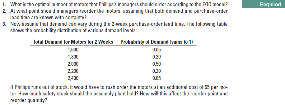 1. What is the optimal number of motors that Phillips's managers should order according to the E0Q model?
2. At what point should managers reorder the motors, assuming that both demand and purchase-order
lead time are known with certainty?
3. Now assume that demand can vary during the 2-week purchase-order lead time. The following table
shows the probability distribution of various demand levels:
Required
Total Demand for Motors for 2 Weeks Probability of Demand (sums to 1)
1,600
0.05
1,800
2,000
2,200
0.20
0.50
0.20
0.05
2,400
If Phillips runs out of stock, it would have to rush order the motors at an additional cost of $5 per mo-
tor. How much safety stock should the assembly plant hold? How will this affect the reorder point and
reorder quantity?
