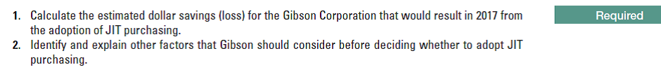 1. Calculate the estimated dollar savings (loss) for the Gibson Corporation that would result in 2017 from
the adoption of JIT purchasing.
2. Identify and explain other factors that Gibson should consider before deciding whether to adopt JIT
purchasing.
Required
