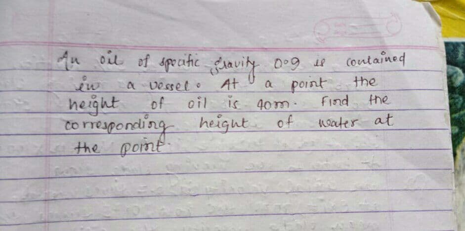An oil of specihic Lravity 0o9
a point
(ontained
the
At
a vessel o
of
to rresponding heigut. of
height
oil is 40m-
the
Find
Water at
la the point-
