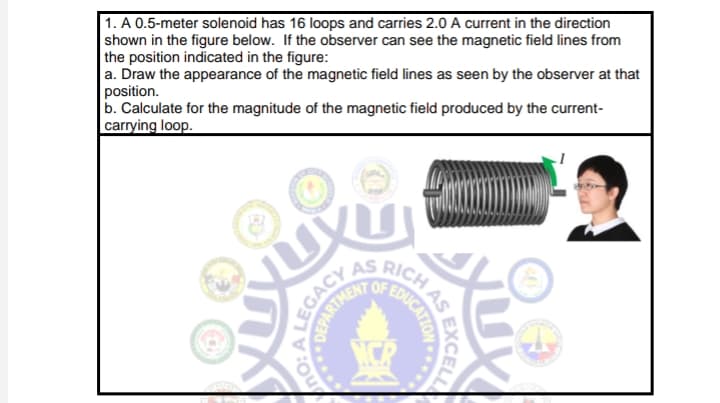 1. A 0.5-meter solenoid has 16 loops and carries 2.0 A current in the direction
shown in the figure below. If the observer can see the magnetic field lines from
the position indicated in the figure:
a. Draw the appearance of the magnetic field lines as seen by the observer at that
position.
b. Calculate for the magnitude of the magnetic field produced by the current-
carrying loop.
ICH AS
LEGACY
DEPARTHEN
SEUCATION
EXCELL
