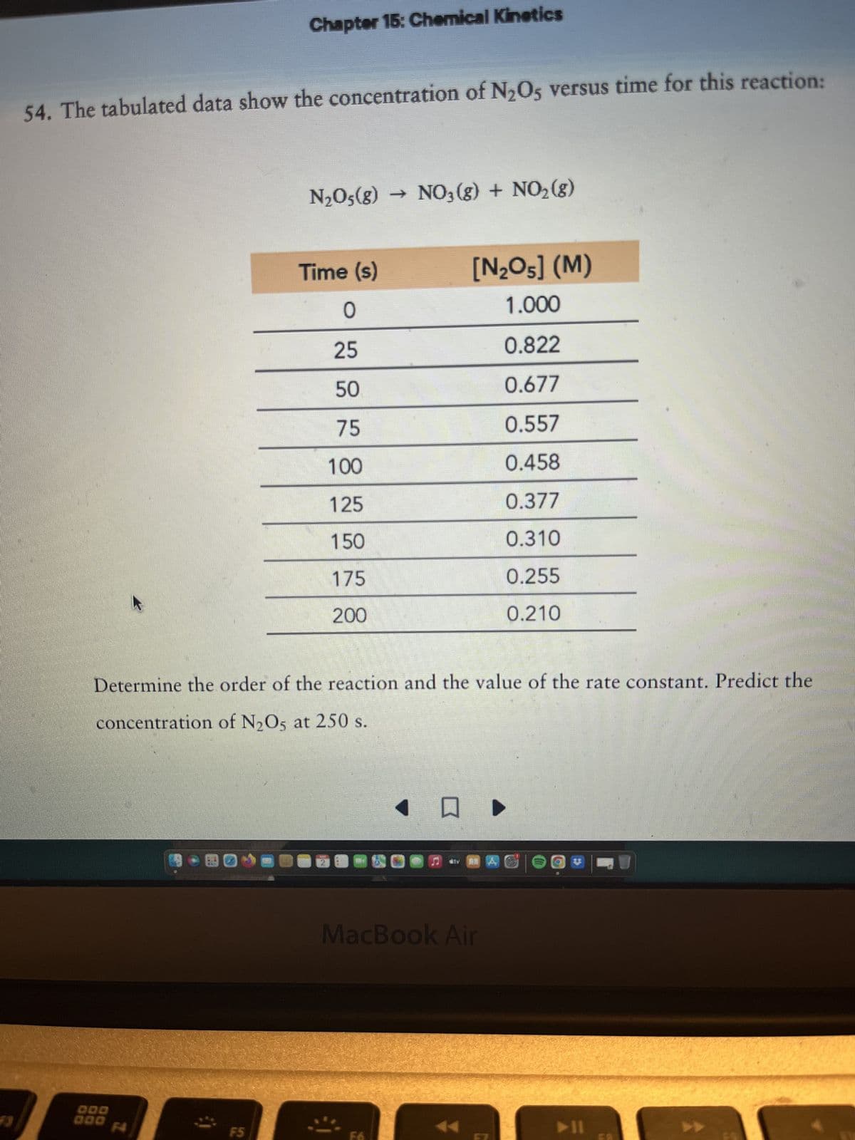 Chapter 15: Chemical Kinetics
54. The tabulated data show the concentration of N₂O5 versus time for this reaction:
N₂O5(g) → NO3(g) + NO₂(g)
F5
Time (s)
0
25
50
75
100
125
150
175
200
[N₂O5] (M)
1.000
0.822
0.677
0.557
0.458
0.377
0.310
0.255
0.210
Determine the order of the reaction and the value of the rate constant. Predict the
concentration of N₂O5 at 250 s.
口 ▶
4-80^@@@60760@@ - @@G|O@
MacBook Air
➤11