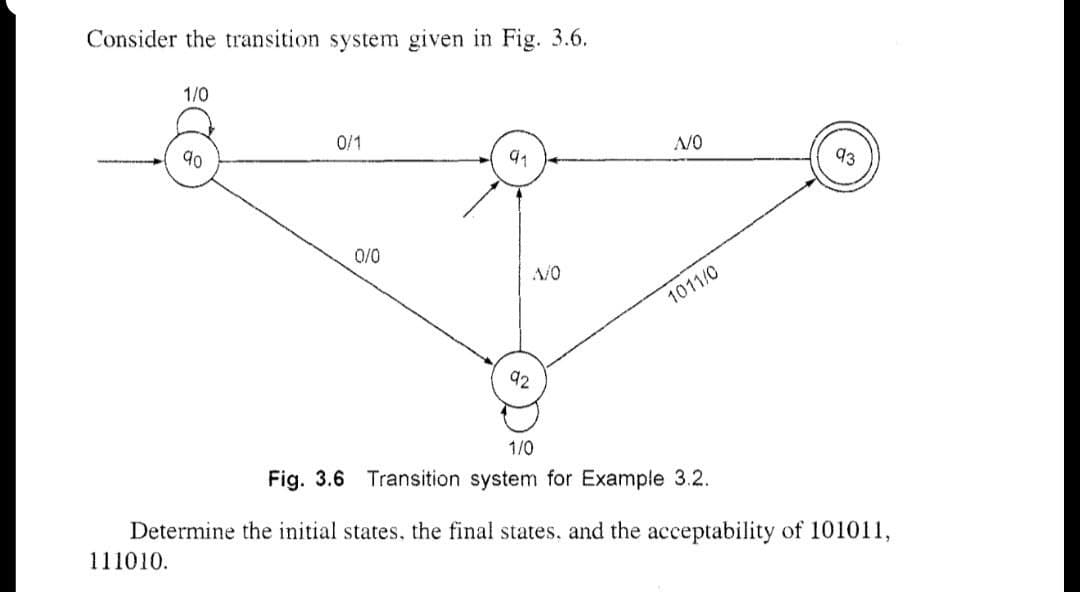 Consider the transition system given in Fig. 3.6.
1/0
0/1
91
90
92
N/O
0/0
1/0
Fig. 3.6 Transition system for Example 3.2.
Determine the initial states, the final states, and the acceptability of 101011,
111010.
A/0
93
1011/0