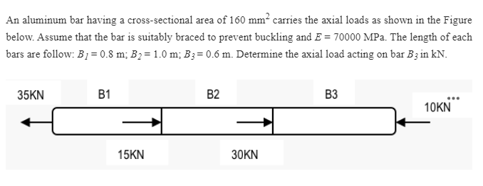 An aluminum bar having a cross-sectional area of 160 mm? carries the axial loads as shown in the Figure
below. Assume that the bar is suitably braced to prevent buckling and E = 70000 MPa. The length of each
bars are follow: B1= 0.8 m; B2= 1.0 m; B3= 0.6 m. Determine the axial load acting on bar B3 in kN.
35KN
B1
B2
B3
10KN
15KN
30KN
