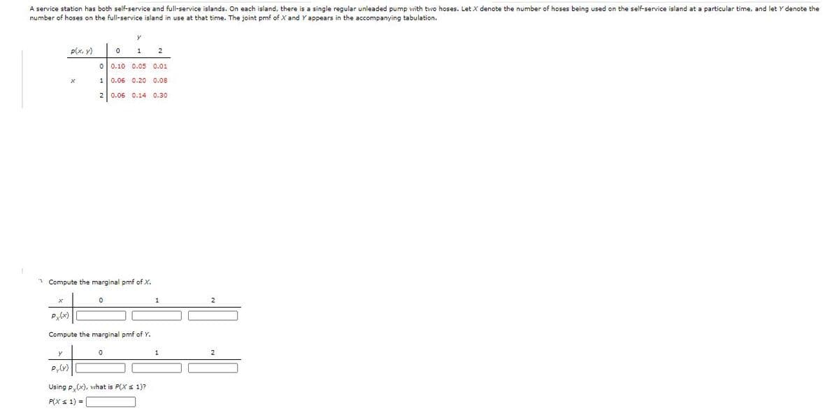 A service station has both self-service and full-service islands. On each island, there is a single regular unleaded pump with two hoses. Let X denote the number of hoses being used on the self-service island at a particular time, and let Y denote the
number of hoses on the full-service island in use at that time. The joint pmf of X and Y appears in the accompanying tabulation.
y
P(x, y)
1
2
o 0.10 0.05 0.01
1 0.06 0.20 0.08
2 0.06 0.14 0.30
* Compute the marginal pmf of X.
1
Compute the marginal pmf of Y.
y
1
Using p,(x), what is P(X s 1)?
P(Xs 1) = |
