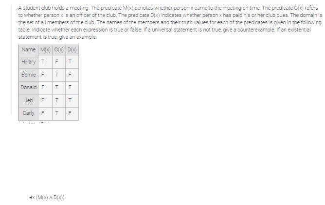 A student club holds a meeting. The predicate M(x) denotes whether person x came to the meeting on time. The predicate O(x) refers
to whether person x is an officer of the club. The predicate D(x) indicates whether person x has paid his or her club dues. The domain is
the set of all members of the club. The names of the members and their truth values for each of the predicates is given in the following
table. Indicate whether each expression is true or false. If a universal statement is not true, give a counterexample. If an existential
statement is true, give an example.
Name M(x) O(x) D(X)
Hillary T
F
Bernie F
F
Donald F
F
Jeb
F
Carly F
F
Ex (M(x) A D(x)
