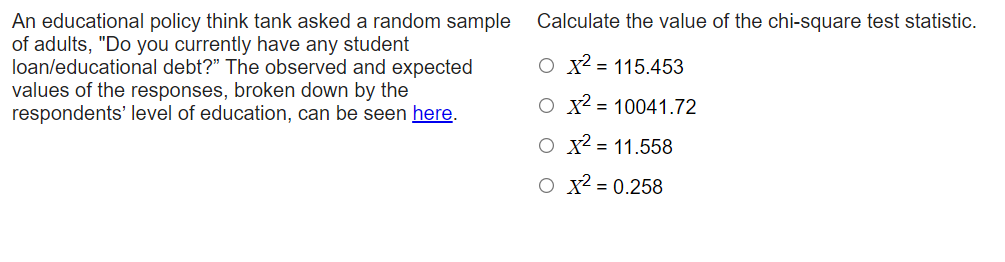 An educational policy think tank asked a random sample
of adults, "Do you currently have any student
loan/educational debt?" The observed and expected
values of the responses, broken down by the
respondents' level of education, can be seen here.
Calculate the value of the chi-square test statistic.
O x² = 115.453
O x2 = 10041.72
O X² = 11.558
O x² = 0.258
