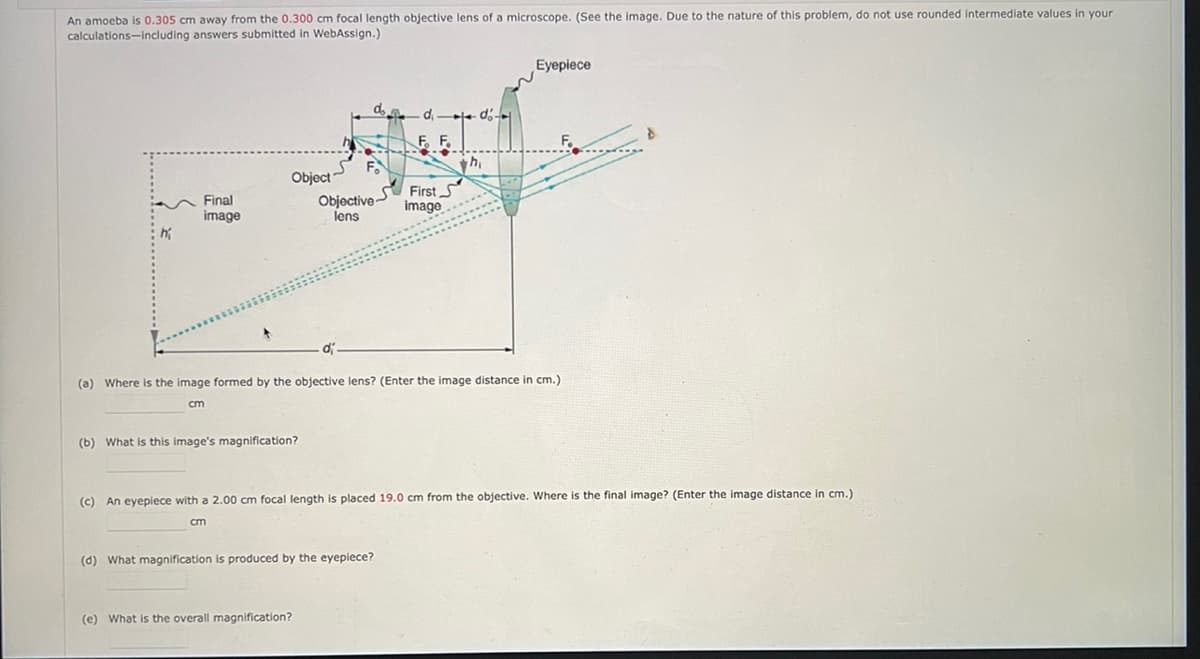 An amoeba is 0.305 cm away from the 0.300 cm focal length objective lens of a microscope. (See the image. Due to the nature of this problem, do not use rounded intermediate values in your
calculations including answers submitted in WebAssign.)
h
Final
image
Object
(b) What is this image's magnification?
cm
d
Objective
lens
(e) What is the overall magnification?
di do
di.
(a) Where is the image formed by the objective lens? (Enter the image distance in cm.)
cm
(d) What magnification is produced by the eyepiece?
First S
image
h₁
Eyepiece
(c) An eyepiece with a 2.00 cm focal length is placed 19.0 cm from the objective. Where is the final image? (Enter the image distance in cm.)
F₁
D