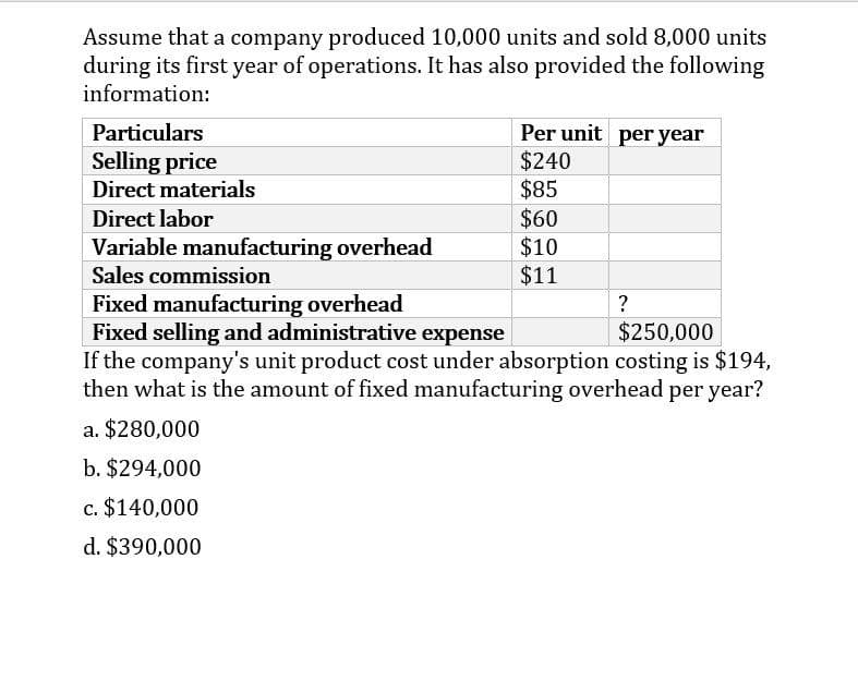 Assume that a company produced 10,000 units and sold 8,000 units
during its first year of operations. It has also provided the following
information:
Particulars
Per unit per year
Selling price
$240
Direct materials
$85
Direct labor
$60
Variable manufacturing overhead
$10
Sales commission
$11
Fixed manufacturing overhead
?
$250,000
Fixed selling and administrative expense
If the company's unit product cost under absorption costing is $194,
then what is the amount of fixed manufacturing overhead per year?
a. $280,000
b. $294,000
c. $140,000
d. $390,000