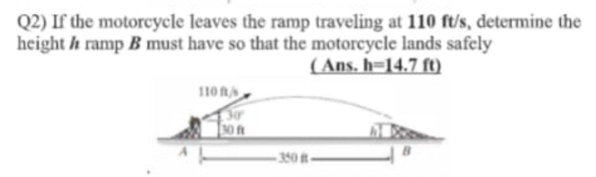 Q2) If the motorcycle leaves the ramp traveling at 110 ft/s, determine the
height h ramp B must have so that the motorcycle lands safely
(Ans. h=14.7 ft)
110 Rs
30
30 ft
350 ft-
