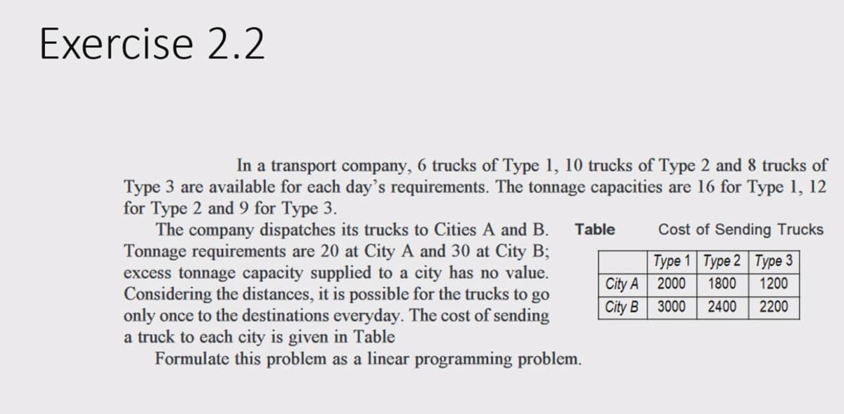 Exercise 2.2
In a transport company, 6 trucks of Type 1, 10 trucks of Type 2 and 8 trucks of
Type 3 are available for each day's requirements. The tonnage capacities are 16 for Type 1, 12
for Type 2 and 9 for Type 3.
The company dispatches its trucks to Cities A and B.
Tonnage requirements are 20 at City A and 30 at City B;
excess tonnage capacity supplied to a city has no value.
Considering the distances, it is possible for the trucks to go
only once to the destinations everyday. The cost of sending
a truck to each city is given in Table
Formulate this problem as a linear programming problem.
Table
City A
City B
Cost of Sending Trucks
Type 1
Type 2
Type 3
2000
1800
1200
3000
2400
2200