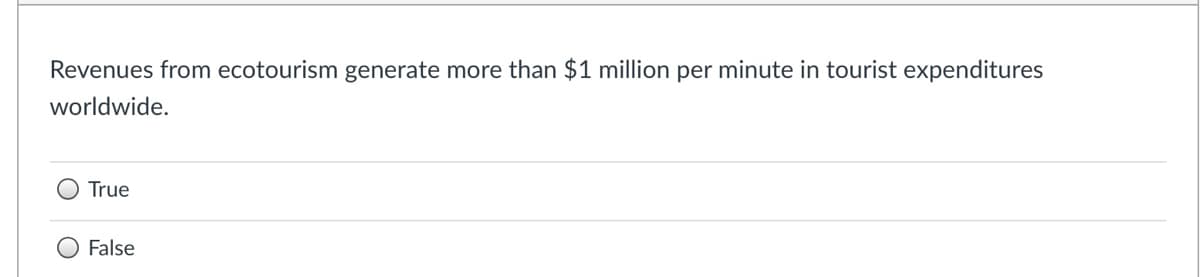 Revenues from ecotourism generate more than $1 million per minute in tourist expenditures
worldwide.
True
False
