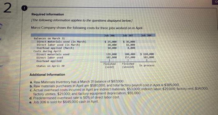 2
ef
1
Required information
[The following information applies to the questions displayed below]
Marco Company shows the following costs for three jobs worked on in April.
Job 306
Job 307
$ 25,000
$36,000
20,000
10,000
16,000
8,000
Balances on March 31
Direct materials used (in March)
Direct labor used (in March)
Overhead applied (March)
Costs during April
Direct materials used.
Direct labor used
Overhead applied
Status on April 30
139,000
102,000
Finished
(sold)
Job 308
200,000 $ 110,000
153,000 101,000
Finished
(unsold)
In process
Additional Information
a. Raw Materials Inventory has a March 31 balance of $87,000.
b. Raw materials purchases in April are $580,000, and total factory payroll cost in April is $385,000.
c. Actual overhead costs incurred in April are indirect materials, $53,000; indirect labor, $29,000; factory rent, $34,000,
factory utilities. $21,000; and factory equipment depreciation, $55,000.
d. Predetermined overhead rate is 50% of direct labor cost.
e. Job 306 is sold for $645,000 cash in April.
CH