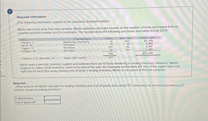 nces
Required information
[The following information applies to the questions displayed below.]
Martin has a bird shop that sells canaries. Martin maintains accurate records on the number of birds purchased from its
suppliers and the number sold to customers. The records show the following purchases and sales during 2024.
Date
January 1
April 14
August 22
October 29
Transactions
Beginning inventory
Purchase
Purchase
Purchase
Ending inventory
Cost of goods sold
Units
32
77
127
192
328
277
Unit Cost
$37
39
41
43
Total Cost
$1,184
3,003
5,207
3,956
$13,350
January 1 to December 31
Sales ($57 each)
Martin uses a periodic inventory system and believes there are 51 birds remaining in ending inventory. However, Martin)
neglects to make a final inventory count at the end of the year. An employee accidentally left one of the cages open one
night and 10 birds flew away, leaving only 41 birds in ending inventory Martin is not aware of the lost canaries.
Required:
What amount will Martin calculate for ending inventory and cost of goods sold using FIFO, assuming he erroneously believes 51
canaries remain in ending inventory?