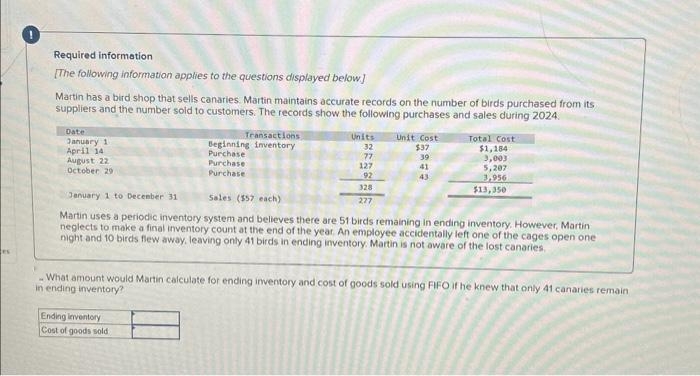 es
Required information.
[The following information applies to the questions displayed below]
Martin has a bird shop that sells canaries. Martin maintains accurate records on the number of birds purchased from its
suppliers and the number sold to customers. The records show the following purchases and sales during 2024.
Date
January 1
April 14
August 22
October 29
Transactions
Beginning inventory
Purchase
Purchase
Purchase
Ending inventory
Cost of goods sold
Units
32
77
127
92
328
277
Unit Cost
$37
39
41
43
Total Cost
$1,184
3,003
5,207
3,956
$13,350
January 1 to December 31
Sales ($57 each)
Martin uses a periodic inventory system and believes there are 51 birds remaining in ending inventory. However, Martin
neglects to make a final inventory count at the end of the year. An employee accidentally left one of the cages open one
night and 10 birds flew away, leaving only 41 birds in ending inventory. Martin is not aware of the lost canaries.
What amount would Martin calculate for ending inventory and cost of goods sold using FIFO if he knew that only 41 canaries remain
in ending inventory?