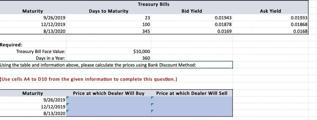 Maturity
Required:
9/26/2019
12/12/2019
8/13/2020
Days to Maturity
Maturity
Treasury Bills
9/26/2019
12/12/2019
8/13/2020
23
100
345
Treasury Bill Face Value:
Days in a Year:
Using the table and information above, please calculate the prices using Bank Discount Method:
$10,000
360
(Use cells A4 to D10 from the given information to complete this question.)
Bid Yield
0.01943
0.01878
0.0169
Price at which Dealer Will Buy Price at which Dealer Will Sell
Ask Yield
0.01933
0.01868
0.0168